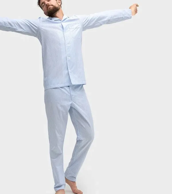 Treger Herren Pyjama mit langen Ärmeln + langer Hose - Blau/Weiss gestreift Sale